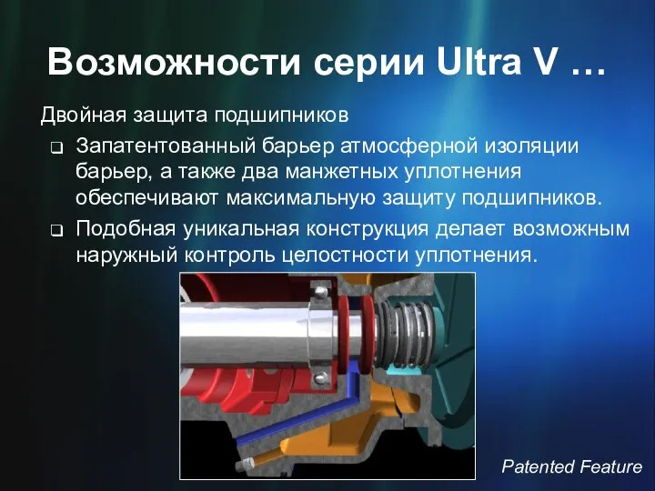 Возможности серии Ultra V … Двойная защита подшипников Запатентованный барьер атмосферной изоляции