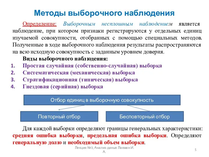 Методы выборочного наблюдения Определение: Выборочным несплошным наблюдением является наблюдение, при котором признаки