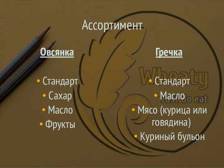 Ассортимент Овсянка Стандарт Сахар Масло Фрукты Гречка Стандарт Масло Мясо (курица или говядина) Куриный бульон