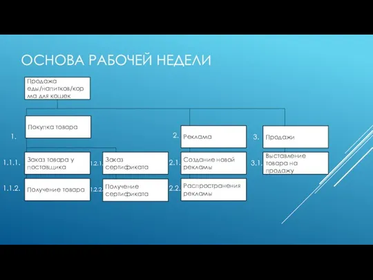 ОСНОВА РАБОЧЕЙ НЕДЕЛИ Продажа еды/напитков/корма для кошек Покупка товара Заказ товара у