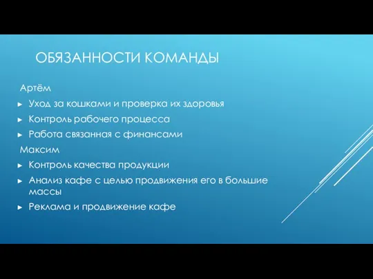 ОБЯЗАННОСТИ КОМАНДЫ Артём Уход за кошками и проверка их здоровья Контроль рабочего