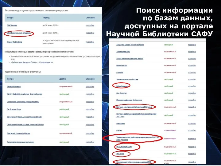 Поиск информации по базам данных, доступных на портале Научной Библиотеки САФУ