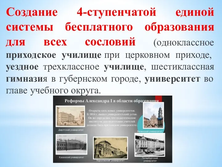 Создание 4-ступенчатой единой системы бесплатного образования для всех сословий (одноклассное приходское училище