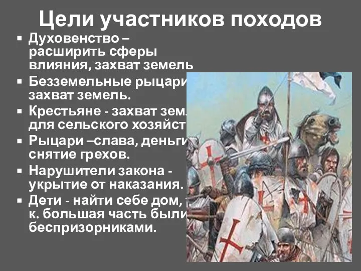 Цели участников походов Духовенство – расширить сферы влияния, захват земель Безземельные рыцари