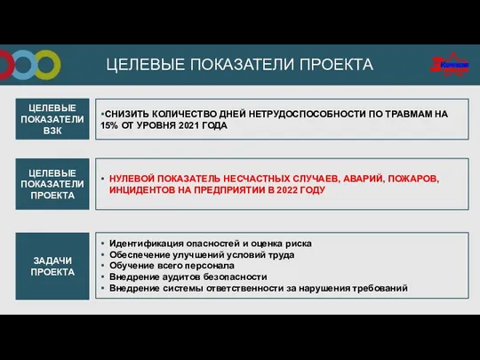 ЦЕЛЕВЫЕ ПОКАЗАТЕЛИ ПРОЕКТА ЗАДАЧИ ПРОЕКТА СНИЗИТЬ КОЛИЧЕСТВО ДНЕЙ НЕТРУДОСПОСОБНОСТИ ПО ТРАВМАМ НА