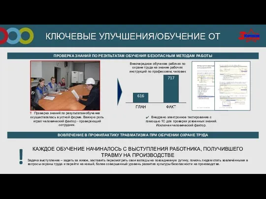 КЛЮЧЕВЫЕ УЛУЧШЕНИЯ/ОБУЧЕНИЕ ОТ ПРОВЕРКА ЗНАНИЙ ПО РЕЗУЛЬТАТАМ ОБУЧЕНИЯ БЕЗОПАСНЫМ МЕТОДАМ РАБОТЫ Проверка