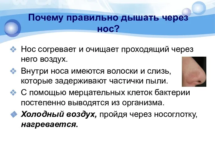 Почему правильно дышать через нос? Нос согревает и очищает проходящий через него