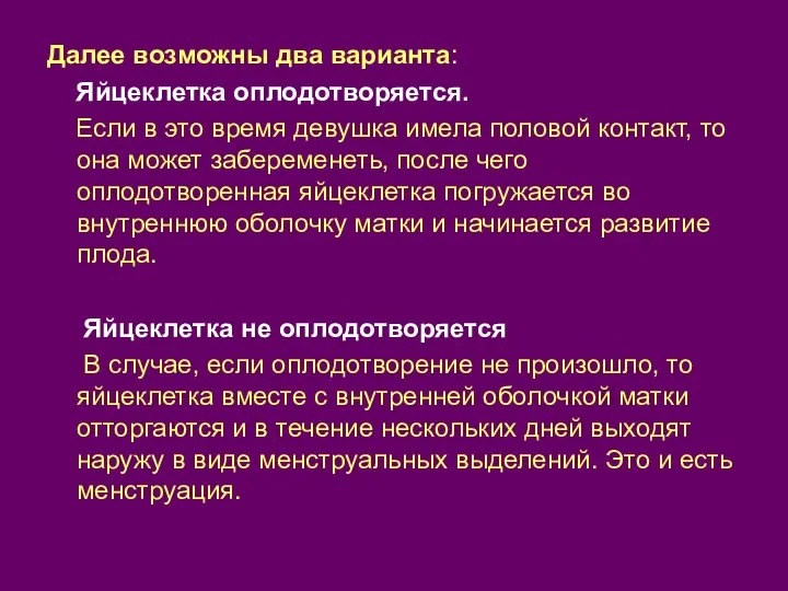 Далее возможны два варианта: Яйцеклетка оплодотворяется. Если в это время девушка имела