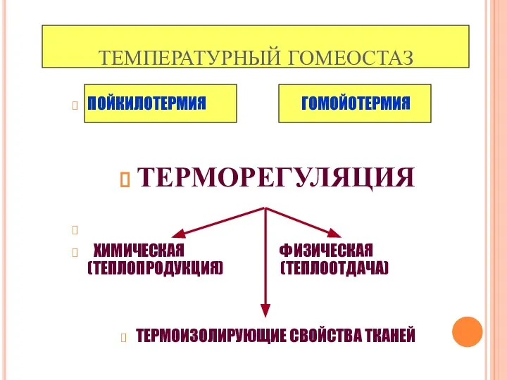 ТЕМПЕРАТУРНЫЙ ГОМЕОСТАЗ ПОЙКИЛОТЕРМИЯ ГОМОЙОТЕРМИЯ ТЕРМОРЕГУЛЯЦИЯ ХИМИЧЕСКАЯ ФИЗИЧЕСКАЯ (ТЕПЛОПРОДУКЦИЯ) (ТЕПЛООТДАЧА) ТЕРМОИЗОЛИРУЮЩИЕ СВОЙСТВА ТКАНЕЙ