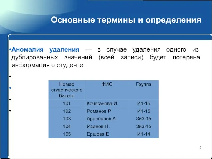 Основные термины и определения Аномалия удаления — в случае удаления одного из