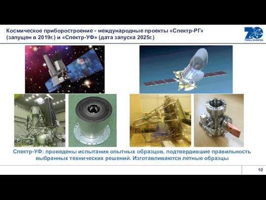 Космическое приборостроение - международные проекты «Спектр-РГ» (запущен в 2019г.) и «Спектр-УФ» (дата