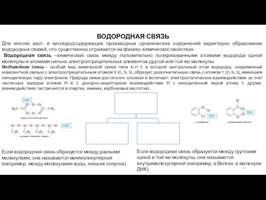 ВОДОРОДНАЯ СВЯЗЬ Для многих азот- и кислородсодержащих производных органических соединений характерно образование