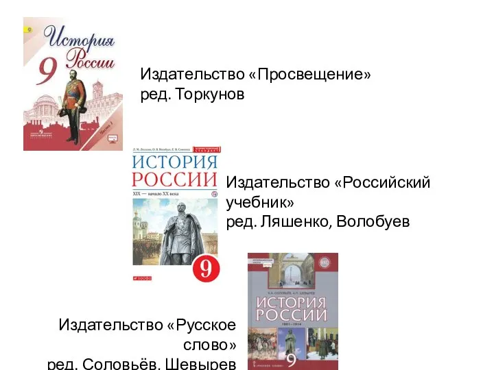 Издательство «Просвещение» ред. Торкунов Издательство «Русское слово» ред. Соловьёв, Шевырев Издательство «Российский учебник» ред. Ляшенко, Волобуев