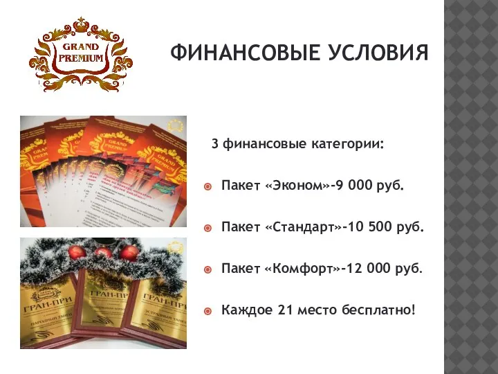 ФИНАНСОВЫЕ УСЛОВИЯ 3 финансовые категории: Пакет «Эконом»-9 000 руб. Пакет «Стандарт»-10 500