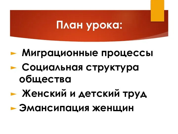 План урока: Миграционные процессы Социальная структура общества Женский и детский труд Эмансипация женщин