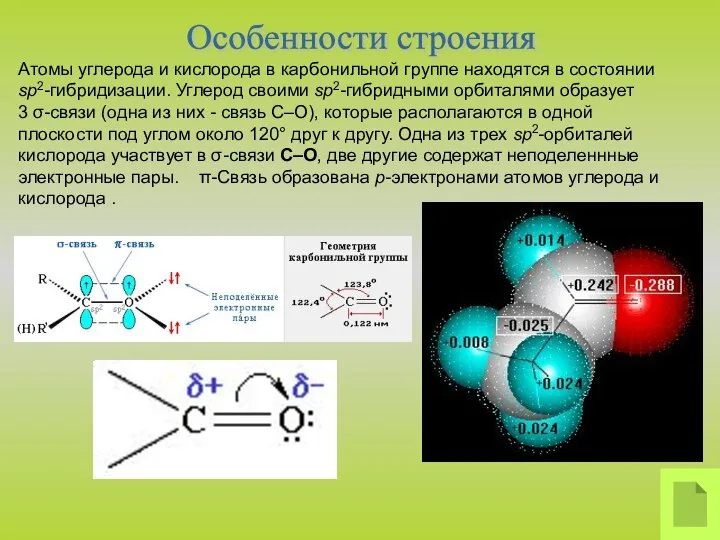 Особенности строения Атомы углерода и кислорода в карбонильной группе находятся в состоянии