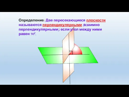 Определение: Две пересекающиеся плоскости называются перпендикулярными (взаимно перпендикулярными), если угол между ними равен 900.