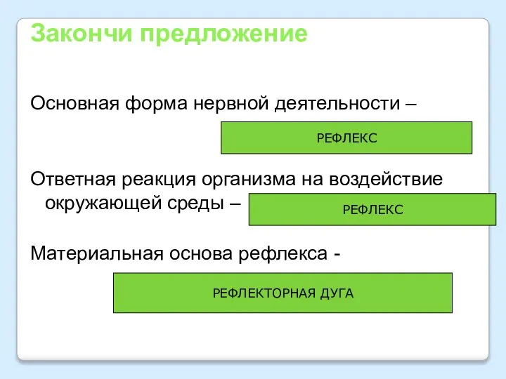 Закончи предложение Основная форма нервной деятельности – Ответная реакция организма на воздействие