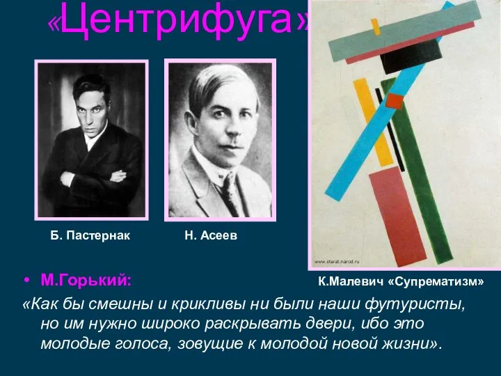 Б. Пастернак «Центрифуга» Н. Асеев М.Горький: «Как бы смешны и крикливы ни