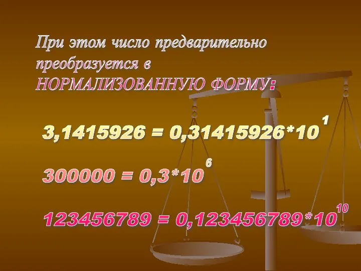 При этом число предварительно преобразуется в НОРМАЛИЗОВАННУЮ ФОРМУ: 3,1415926 = 0,31415926*10 300000