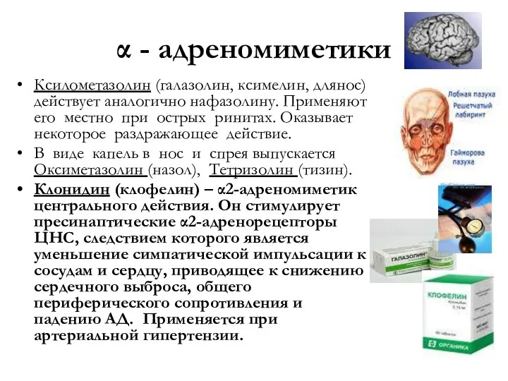 α - адреномиметики Ксилометазолин (галазолин, ксимелин, длянос) действует аналогично нафазолину. Применяют его