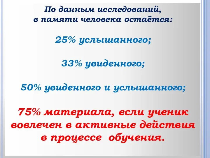 По данным исследований, в памяти человека остаётся: 25% услышанного; 33% увиденного; 50%