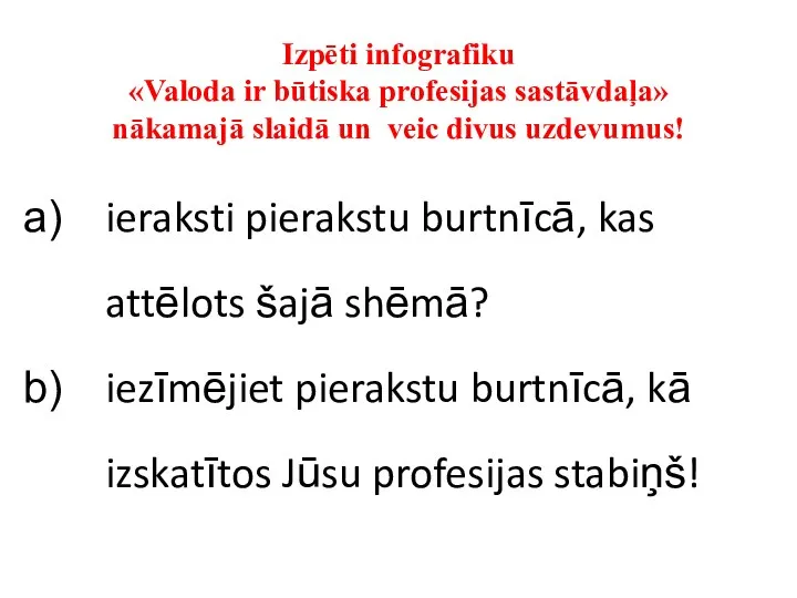 Izpēti infografiku «Valoda ir būtiska profesijas sastāvdaļa» nākamajā slaidā un veic divus