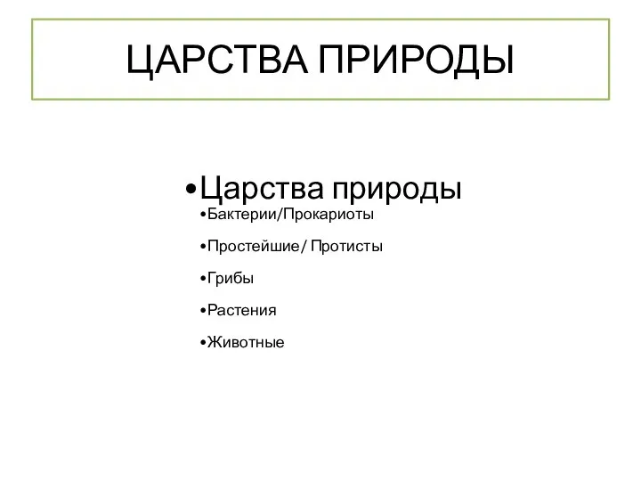 ЦАРСТВА ПРИРОДЫ Царства природы Бактерии/Прокариоты Простейшие/ Протисты Грибы Растения Животные