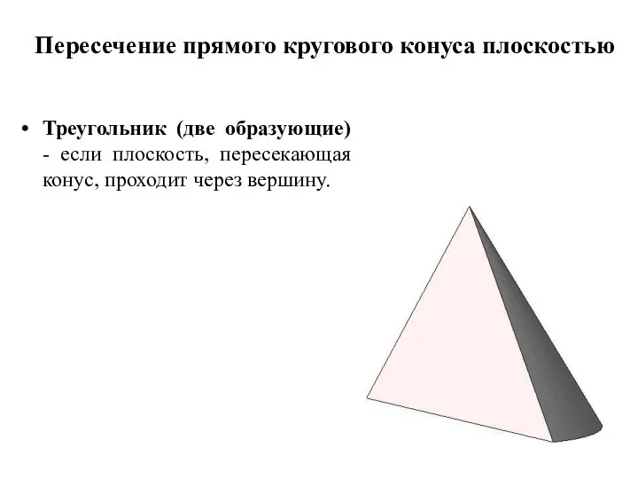 Пересечение прямого кругового конуса плоскостью Треугольник (две образующие) - если плоскость, пересекающая конус, проходит через вершину.