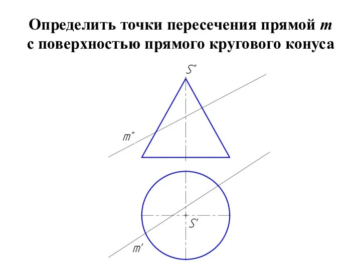 Определить точки пересечения прямой m с поверхностью прямого кругового конуса