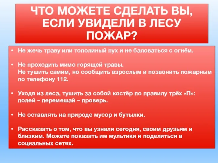 21 Не жечь траву или тополиный пух и не баловаться с огнём.