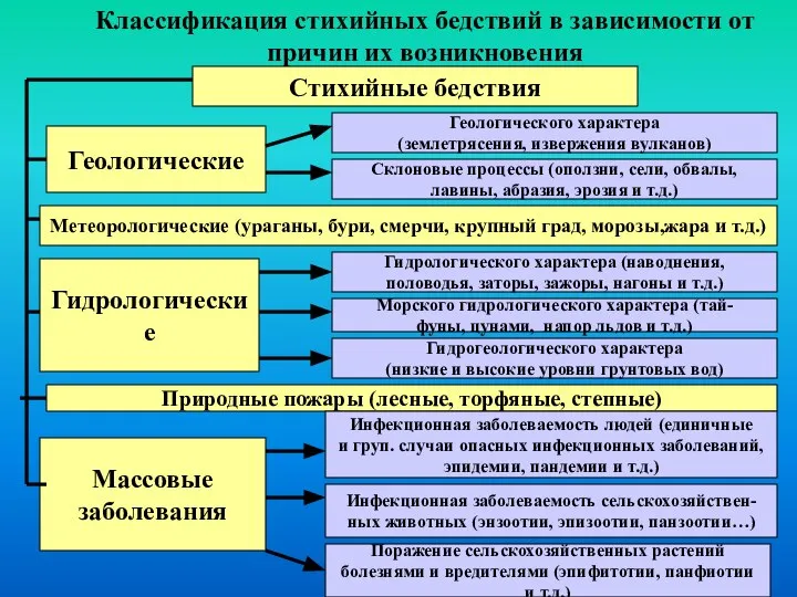 Стихийные бедствия Геологические Геологического характера (землетрясения, извержения вулканов) Склоновые процессы (оползни, сели,