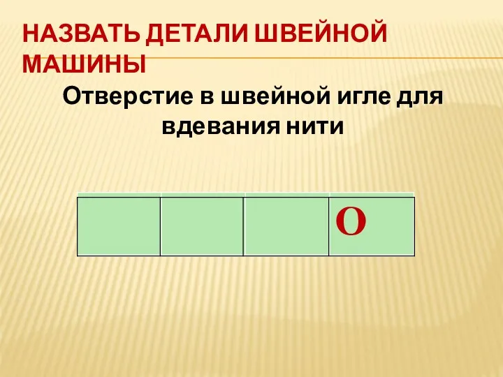 НАЗВАТЬ ДЕТАЛИ ШВЕЙНОЙ МАШИНЫ Отверстие в швейной игле для вдевания нити