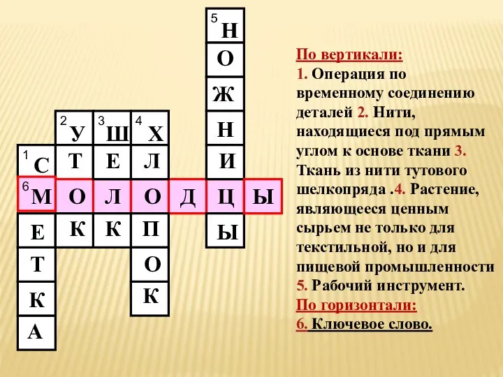 По вертикали: 1. Операция по временному соединению деталей 2. Нити, находящиеся под