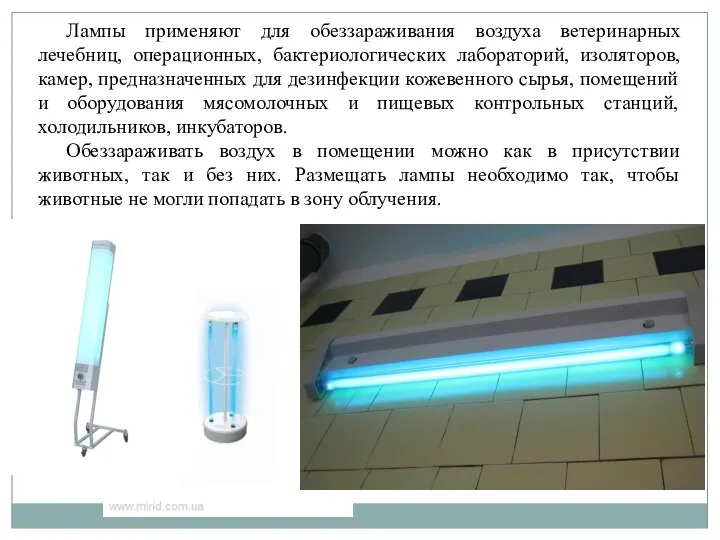 Лампы применяют для обеззараживания воздуха ветеринарных лечебниц, операционных, бактериологических лабораторий, изоляторов, камер,