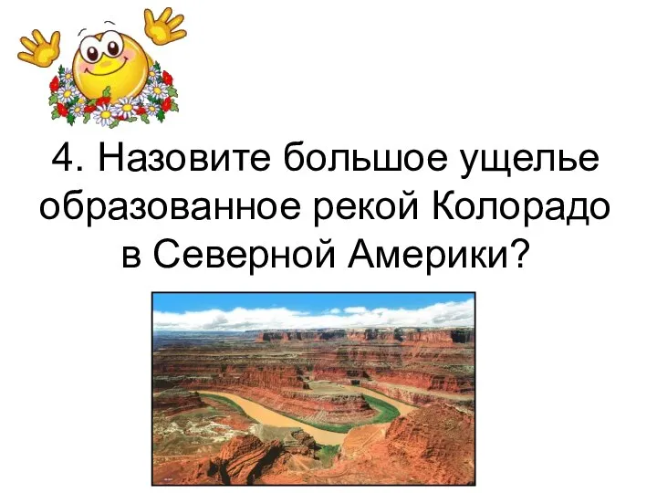 4. Назовите большое ущелье образованное рекой Колорадо в Северной Америки?