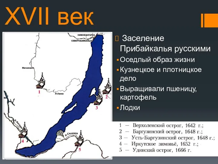 XVII век Заселение Прибайкалья русскими Оседлый образ жизни Кузнецкое и плотницкое дело Выращивали пшеницу, картофель Лодки