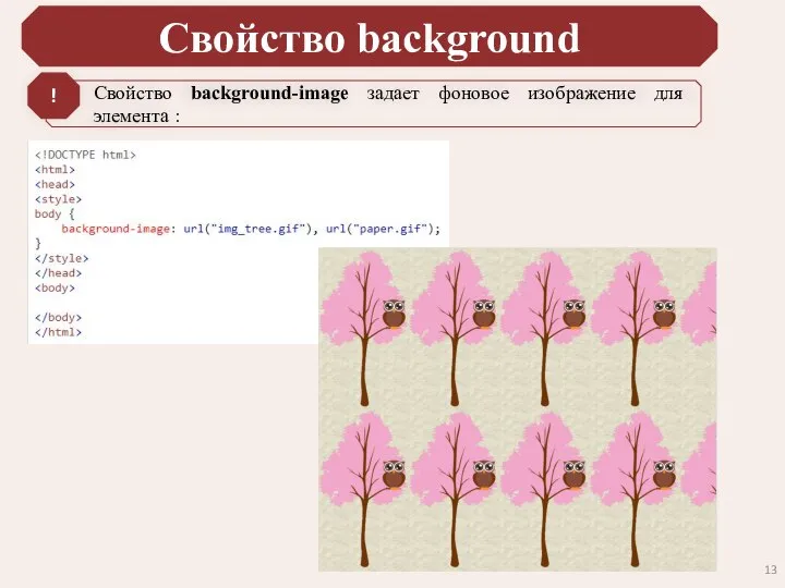 Свойство background Свойство background-image задает фоновое изображение для элемента : !