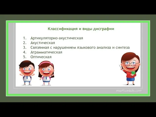 Классификация и виды дисграфии Артикуляторно-акустическая Акустическая Связянная с нарушением языкового анализа и синтеза Аграмматическая Оптическая