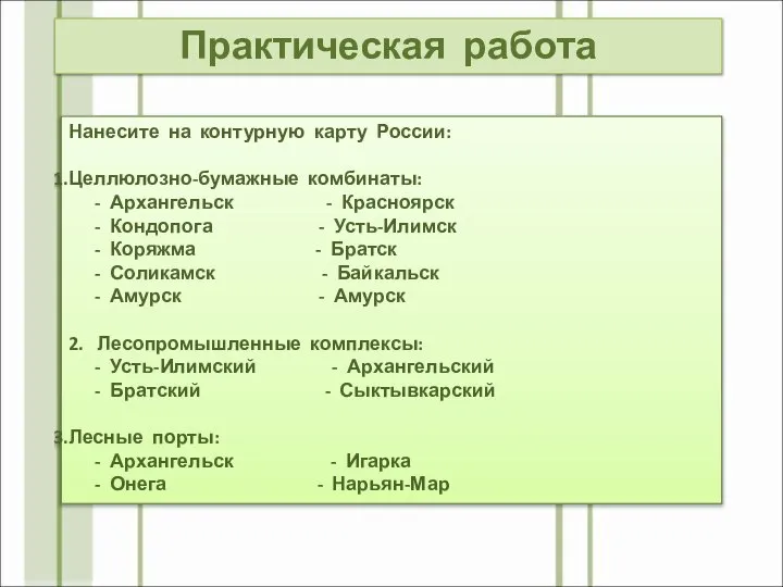 Практическая работа Нанесите на контурную карту России: Целлюлозно-бумажные комбинаты: - Архангельск -