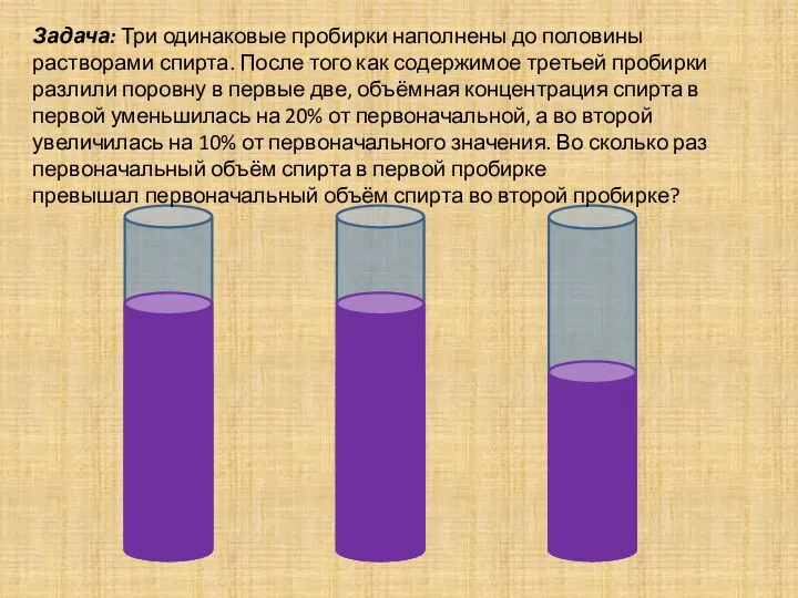 Задача: Три одинаковые пробирки наполнены до половины растворами спирта. После того как