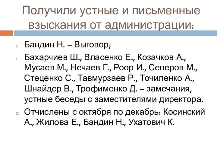 Получили устные и письменные взыскания от администрации: Бандин Н. – Выговор; Бахарчиев