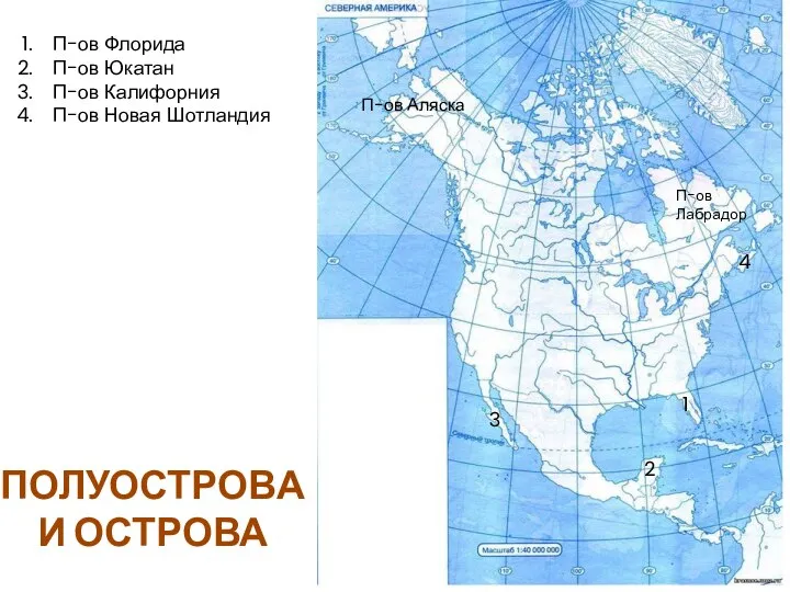П-ов Лабрадор 1 П-ов Флорида П-ов Юкатан П-ов Калифорния П-ов Новая Шотландия