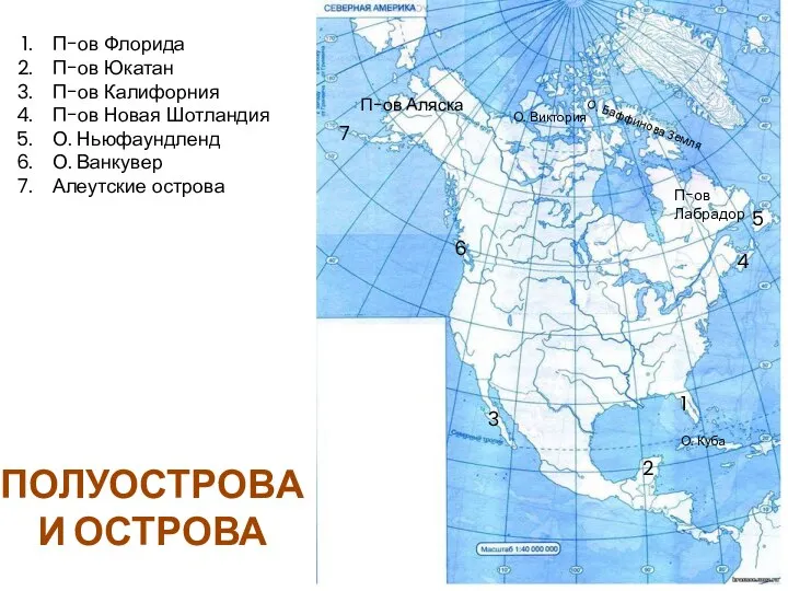 П-ов Лабрадор 1 П-ов Флорида П-ов Юкатан П-ов Калифорния П-ов Новая Шотландия