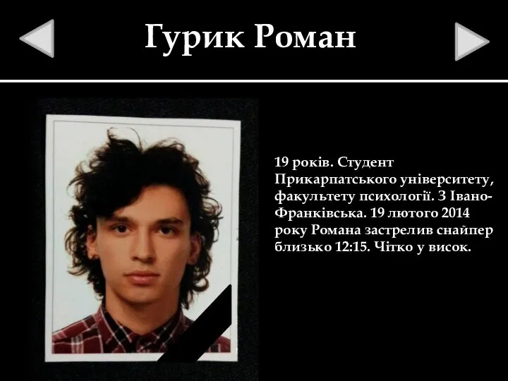 Гурик Роман 19 років. Студент Прикарпатського університету, факультету психології. З Івано-Франківська. 19