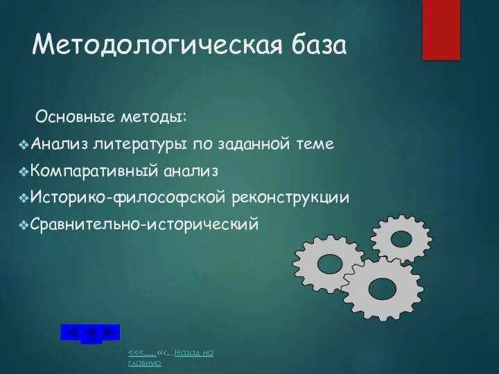 Методологическая база Основные методы: Анализ литературы по заданной теме Компаративный анализ Историко-философской реконструкции Сравнительно-исторический