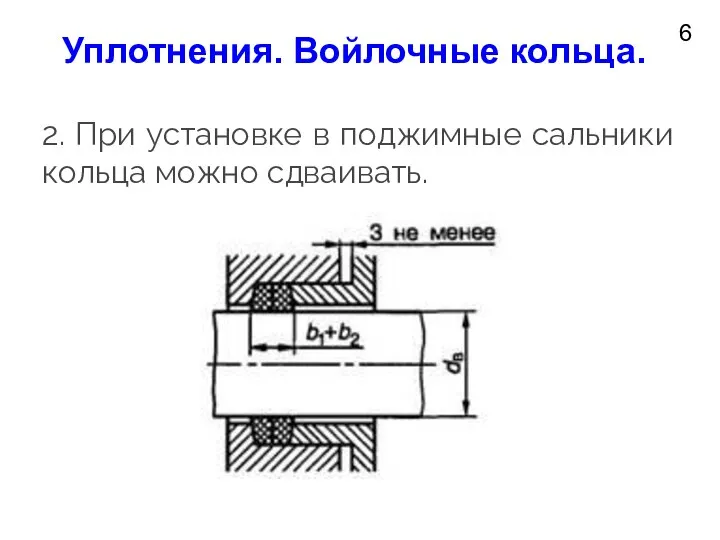 6 2. При установке в поджимные сальники кольца можно сдваивать. Уплотнения. Войлочные кольца.