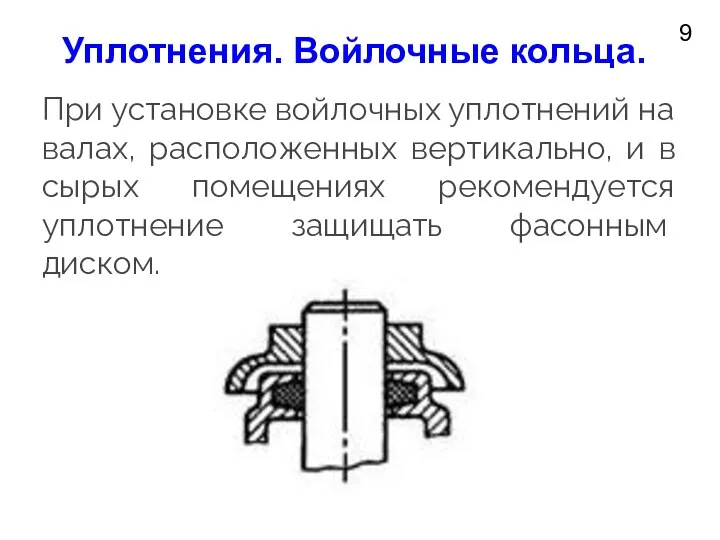 9 Уплотнения. Войлочные кольца. При установке войлочных уплотнений на валах, расположенных вертикально,