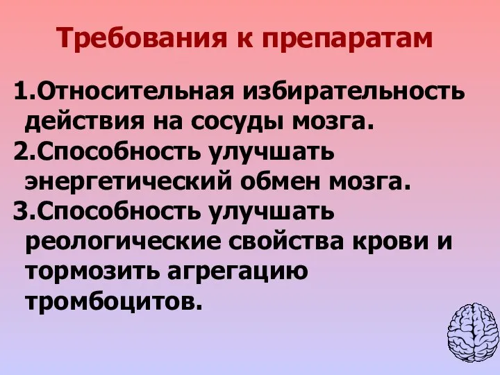 Требования к препаратам Относительная избирательность действия на сосуды мозга. Способность улучшать энергетический