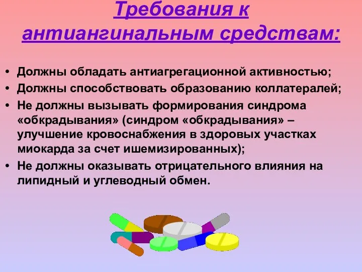 Требования к антиангинальным средствам: Должны обладать антиагрегационной активностью; Должны способствовать образованию коллатералей;